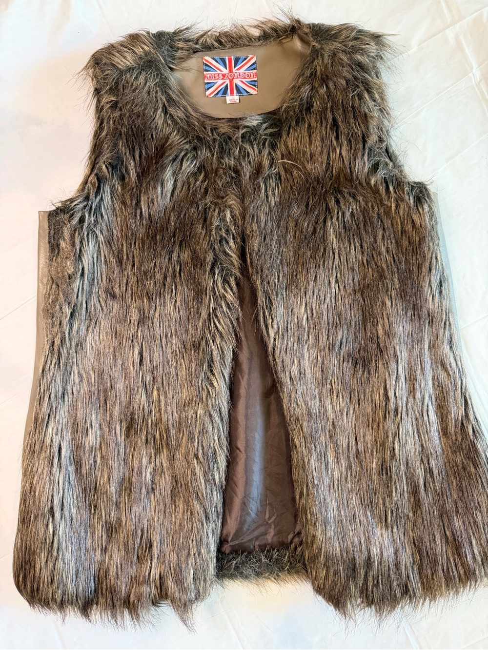 Miss London Faux Fur Vest Brown Gray Vegan Leather Trim Size L